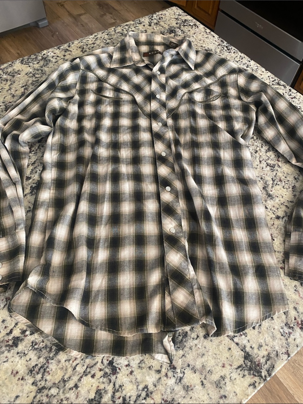 Roper Men's Plaid perl snap button Shirt - Olive, Tan, White